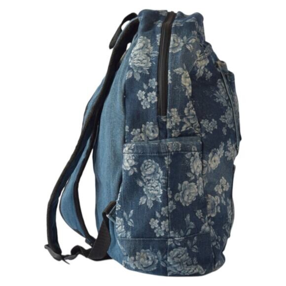 Upcycled Floral Denim Backpack with Jeans Pockets – Y2K Boho Preloved Bag
